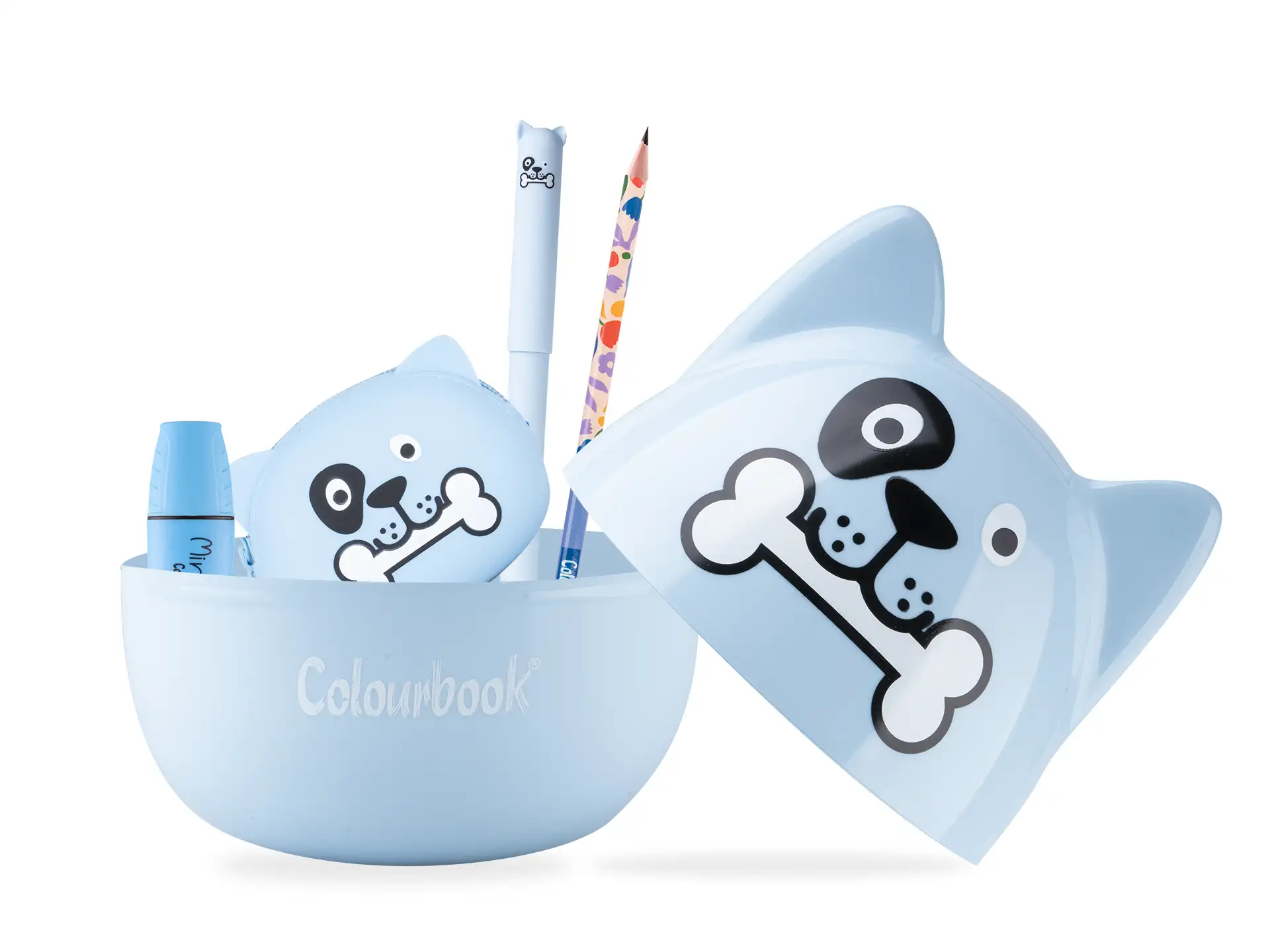 dettaglio happy box cancellotte cane Happy Box Cancellotte Kiko aperta: kit cancelleria colorato con penne e gadget inclusi