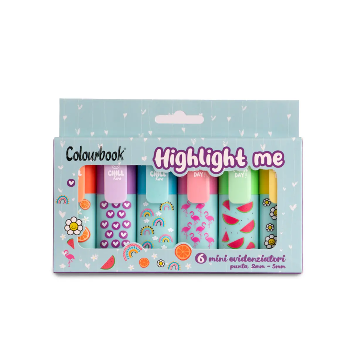 Set da 6 mini evidenziatori pastello Highlight Me Colourbook in confezione in cartoncino.